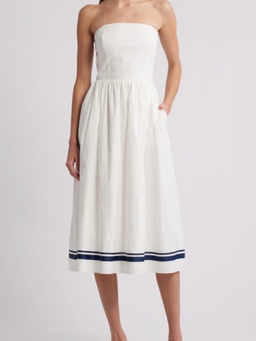 Charles Henry White Strapless Midi Skirt with Navy Hem Stripes